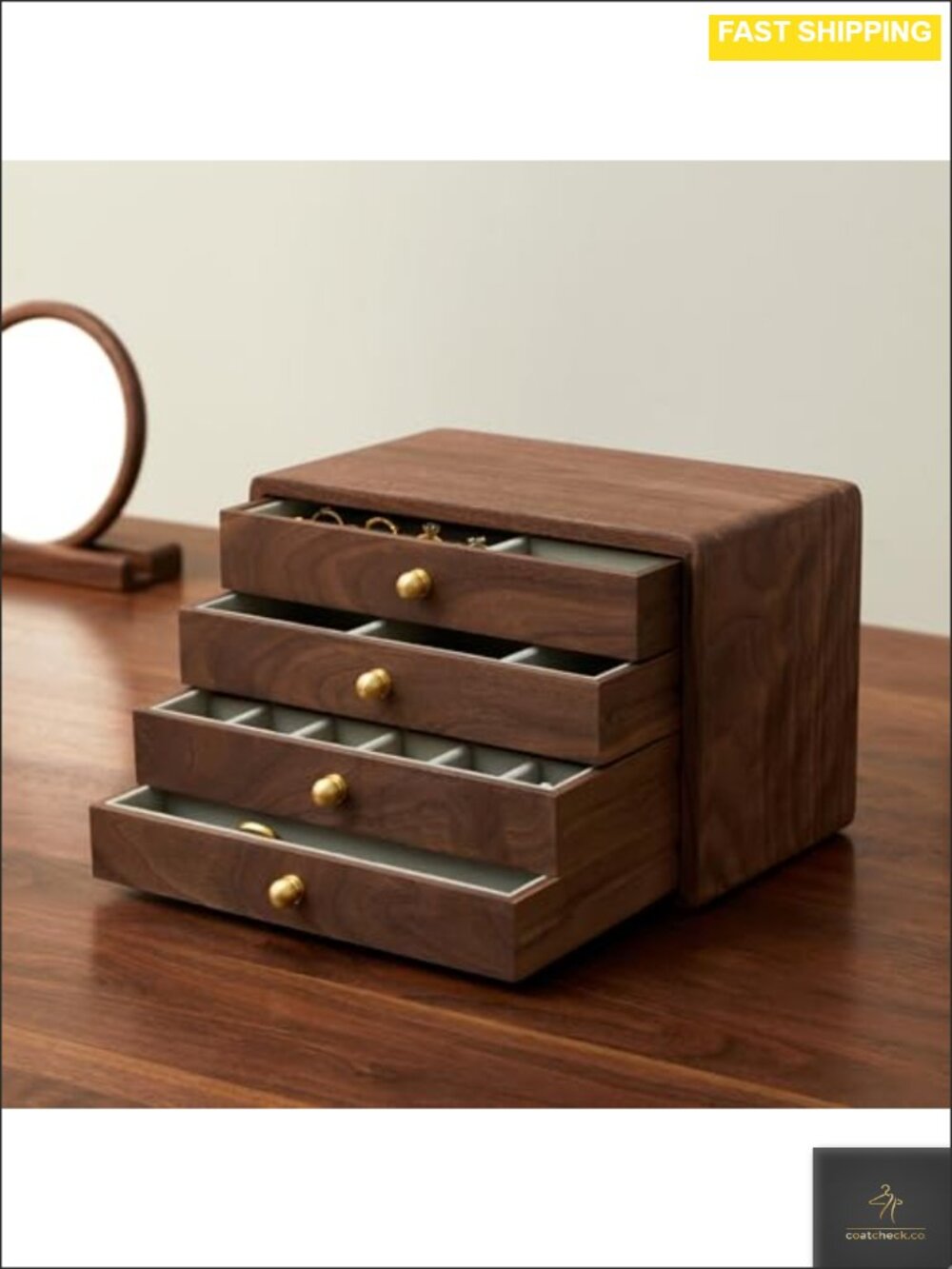 Walnut Wooden Jewelry Box 4 Drawer Velvet Lined Organizer